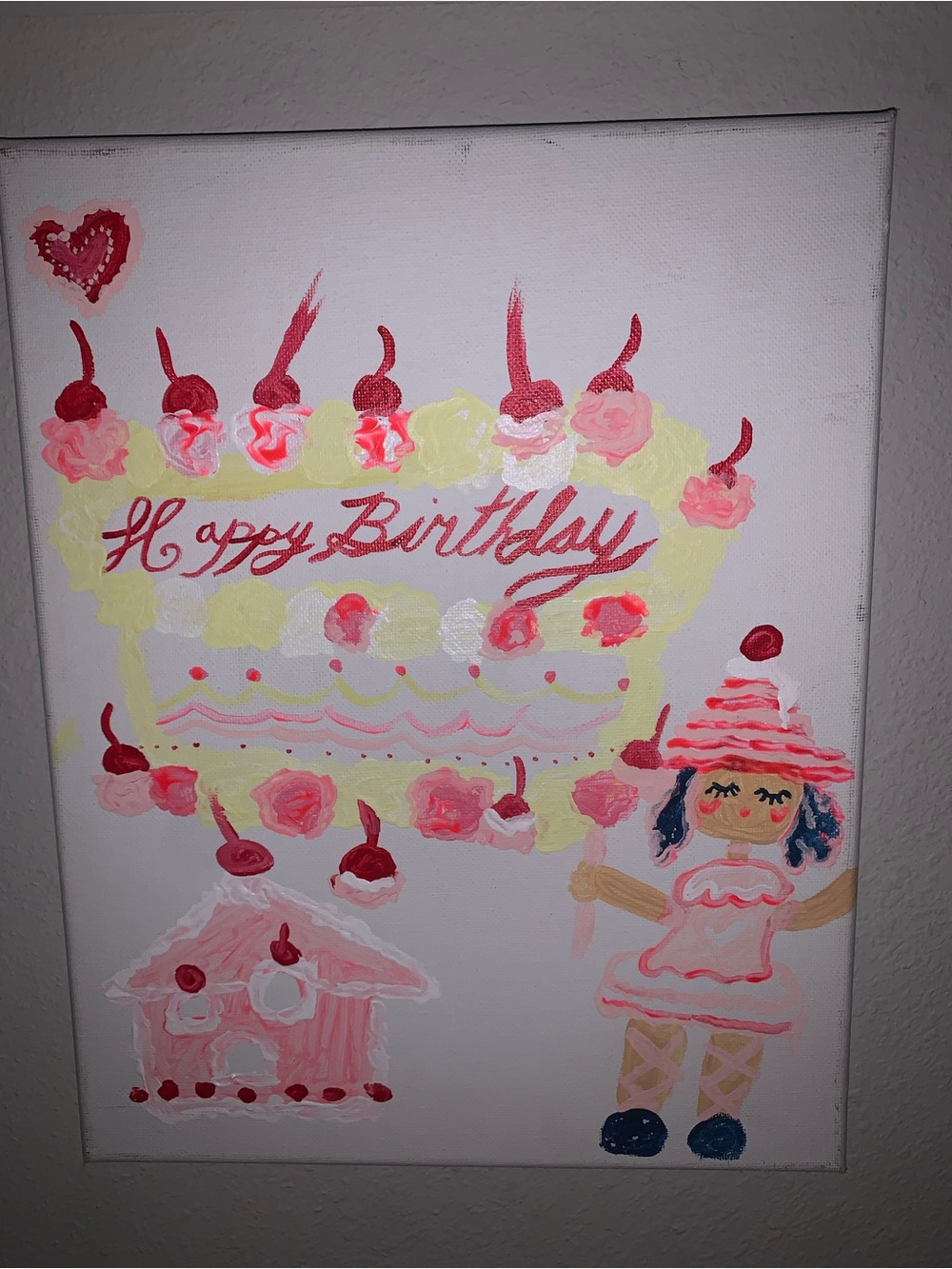 Hand-Painted Pink Birthday Cake Canvas Art